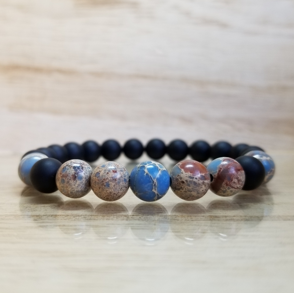 Blue Sea Sediment Jasper & Onyx Stretch Bracelet